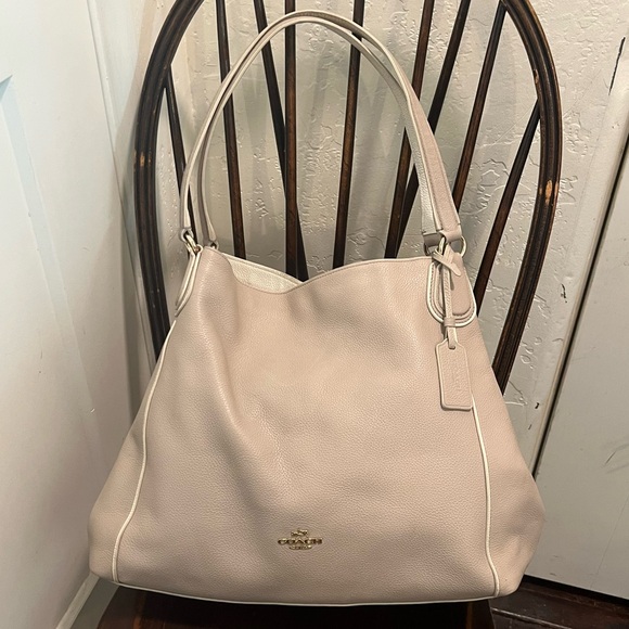 COACH Taupe Beige Pebbled Leather Edie Three Compartment Shoulder Bag - Picture 1 of 13